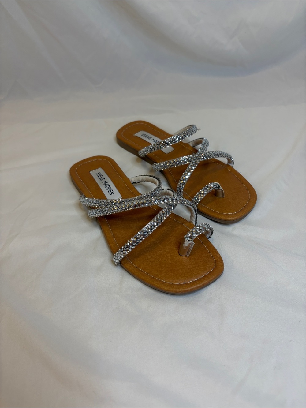 Steve Madden Silver Crystal Strappy Tan Footbed Sandals